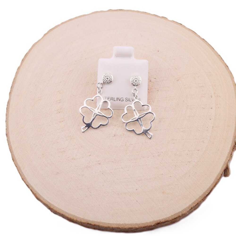 Women's Sterling Silver Four Leaf Clover Dangle Earrings Fashion‎ Jewelry **
